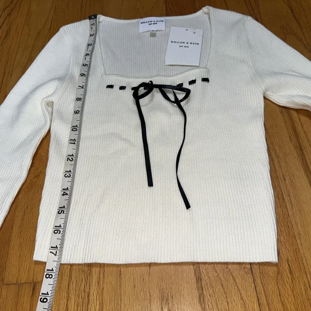 Willow & Wind Sweater S Ribbed‎ Long Sleeve Square Neck Bow Tie Top Cottagecore